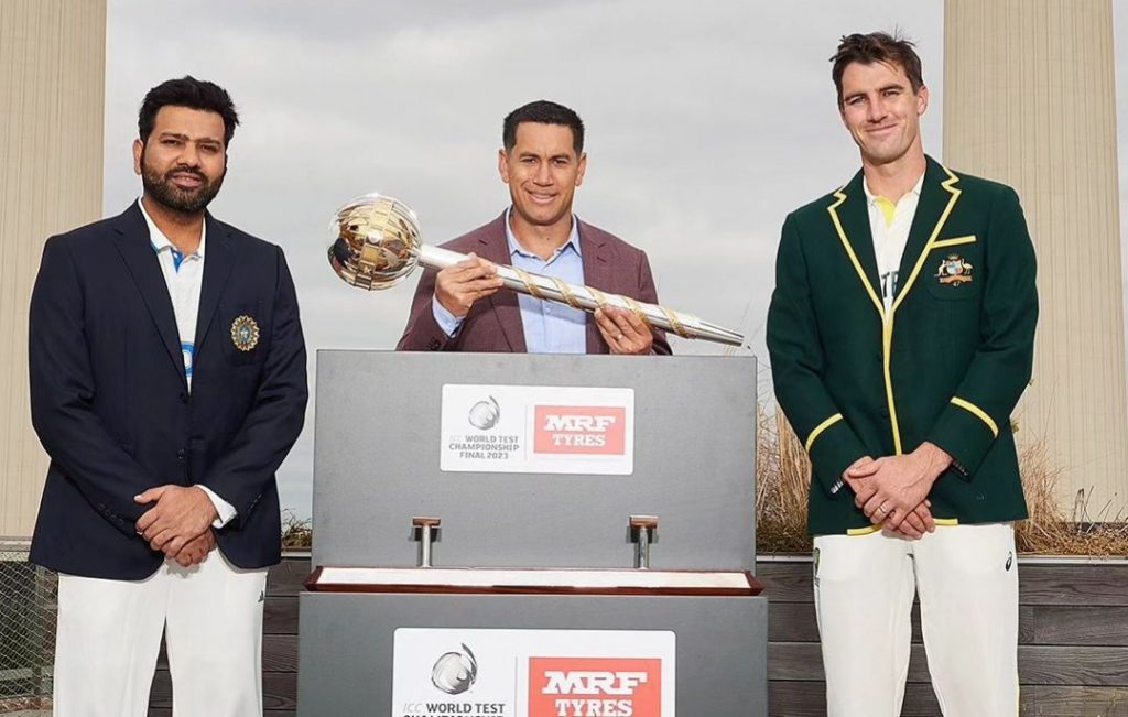 Ross Taylor with WTC trophy alongside captains Rohit Sharma and Pat Cummins